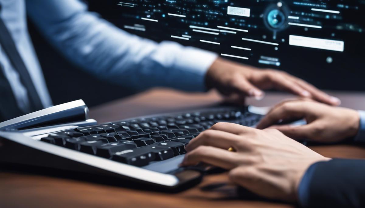 A close-up image of a person typing on a keyboard, representing the concept of technology understanding and proficiency in SharePoint performance.