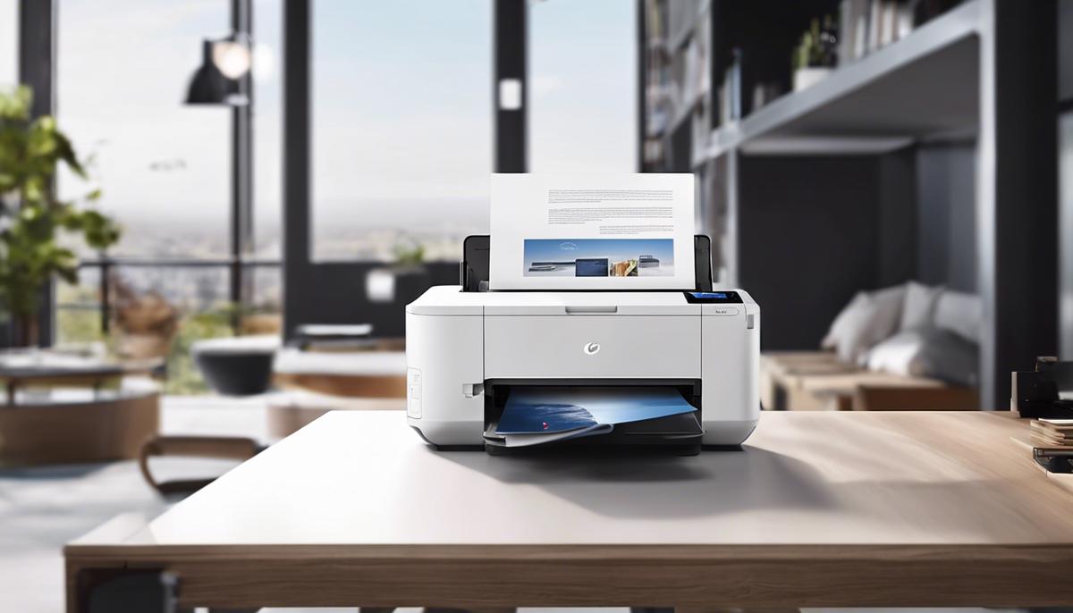 Image illustrating a cloud printer in action, with documents being sent wirelessly from a smartphone to the printer.