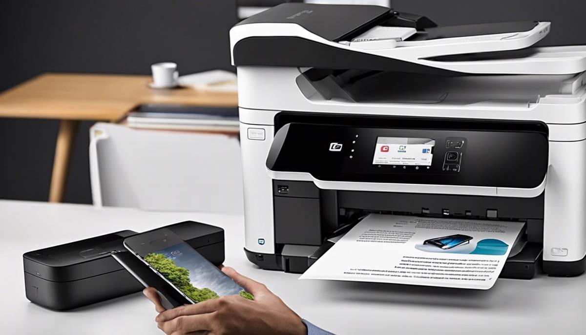 A person using a smartphone to print a document wirelessly through a cloud printer.