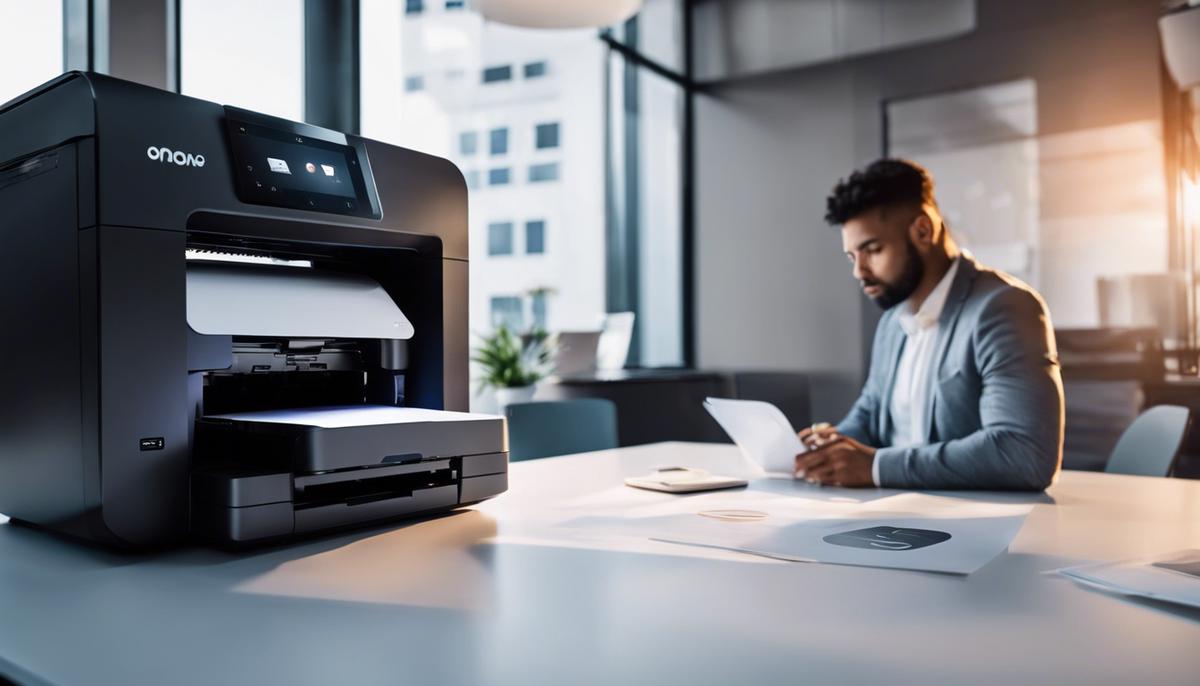 Image of a person looking at a printer with question marks hovering above, representing the potential issues faced when incorporating a cloud printer into a Windows 11 environment