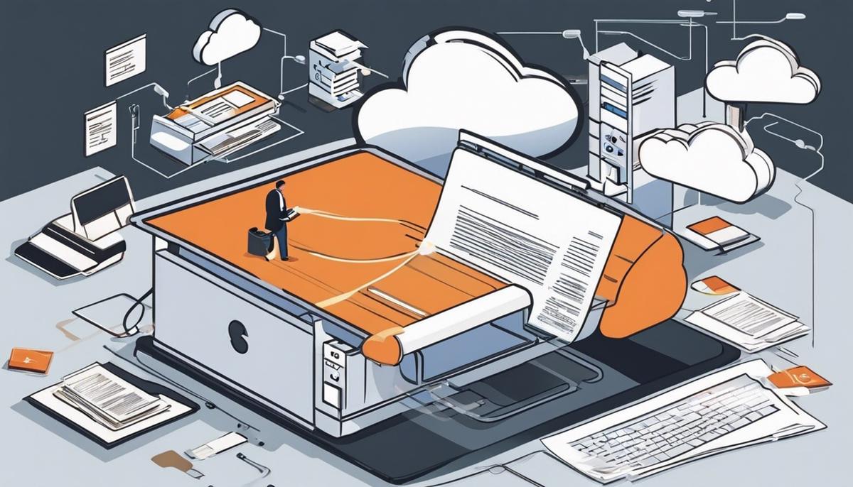 Illustration of a person printing a document from the cloud with a computer and a printer connected via an internet connection