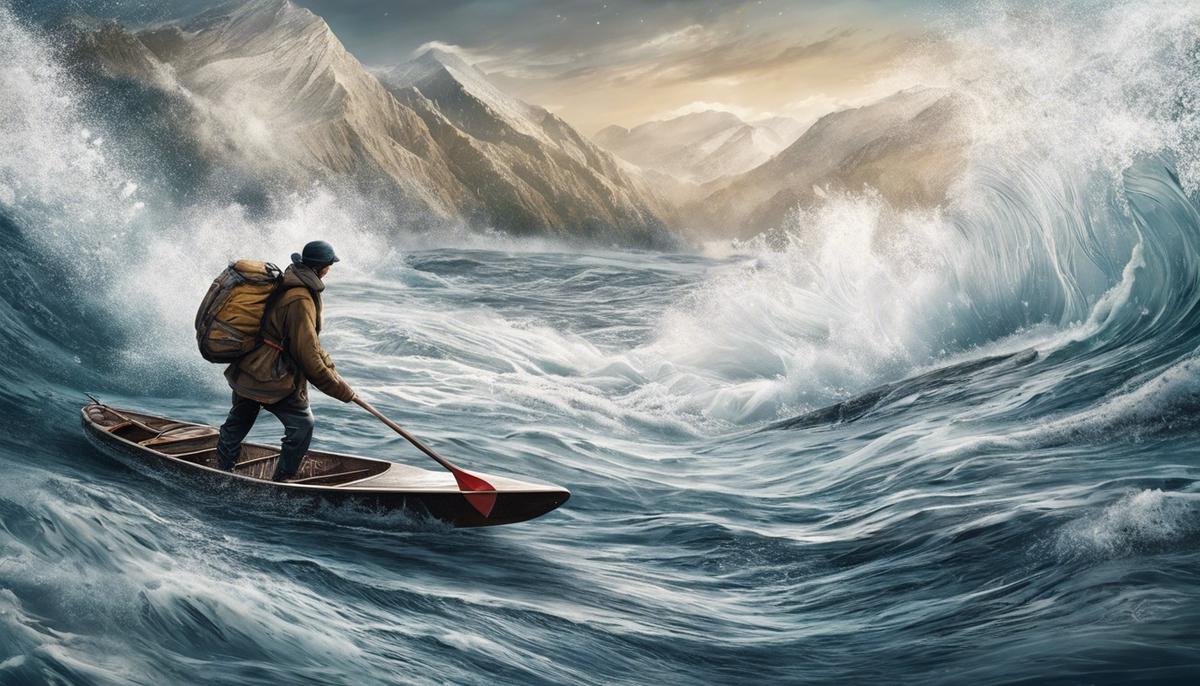 Illustration of a person paddling in rough waters with a map and compass, representing the challenges of migration.