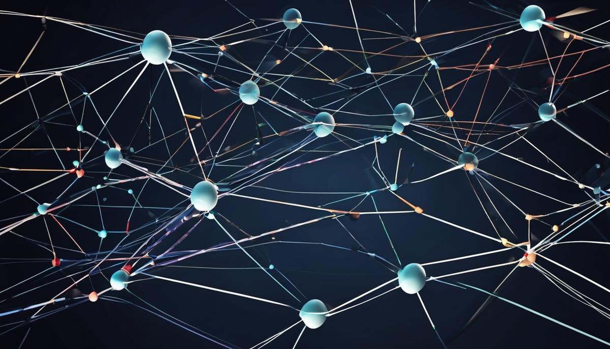 An image depicting the concept of network scalability and stability, showing interconnected nodes representing networks and arrows representing data transfer between them.