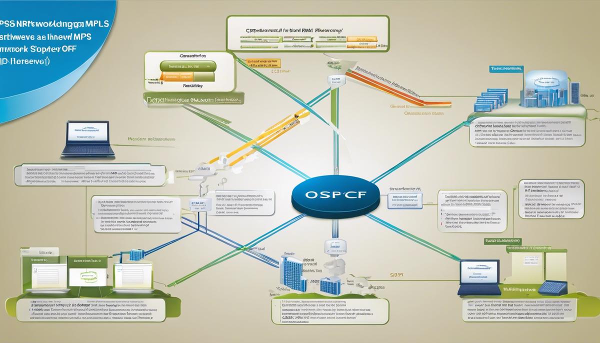 A network diagram showing the integration of OSPF and MPLS, enhancing network performance and efficiency