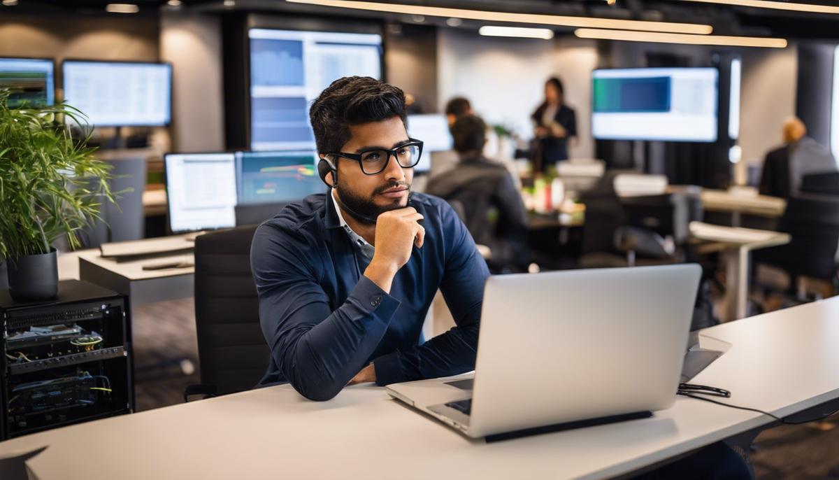 A network engineer using a laptop to troubleshoot OSPF multi-area network issues