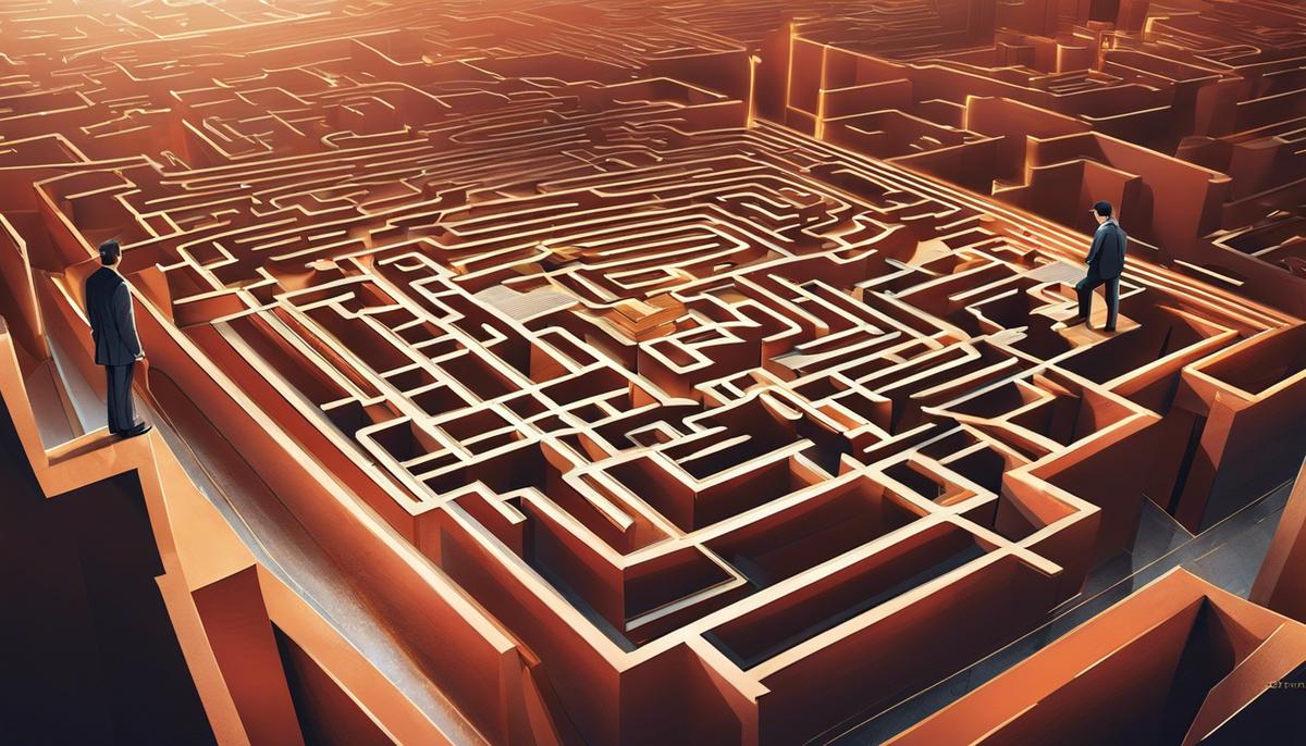 Illustration depicting a person searching through a maze with the title 'SharePoint Search Issues and Solutions' above.