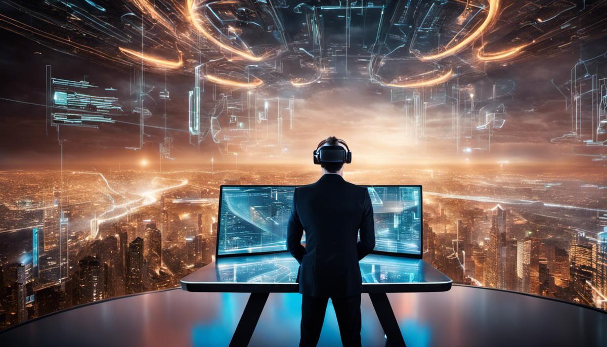 Image of a person looking at a futuristic digital workspace with holographic displays and virtual reality integration.