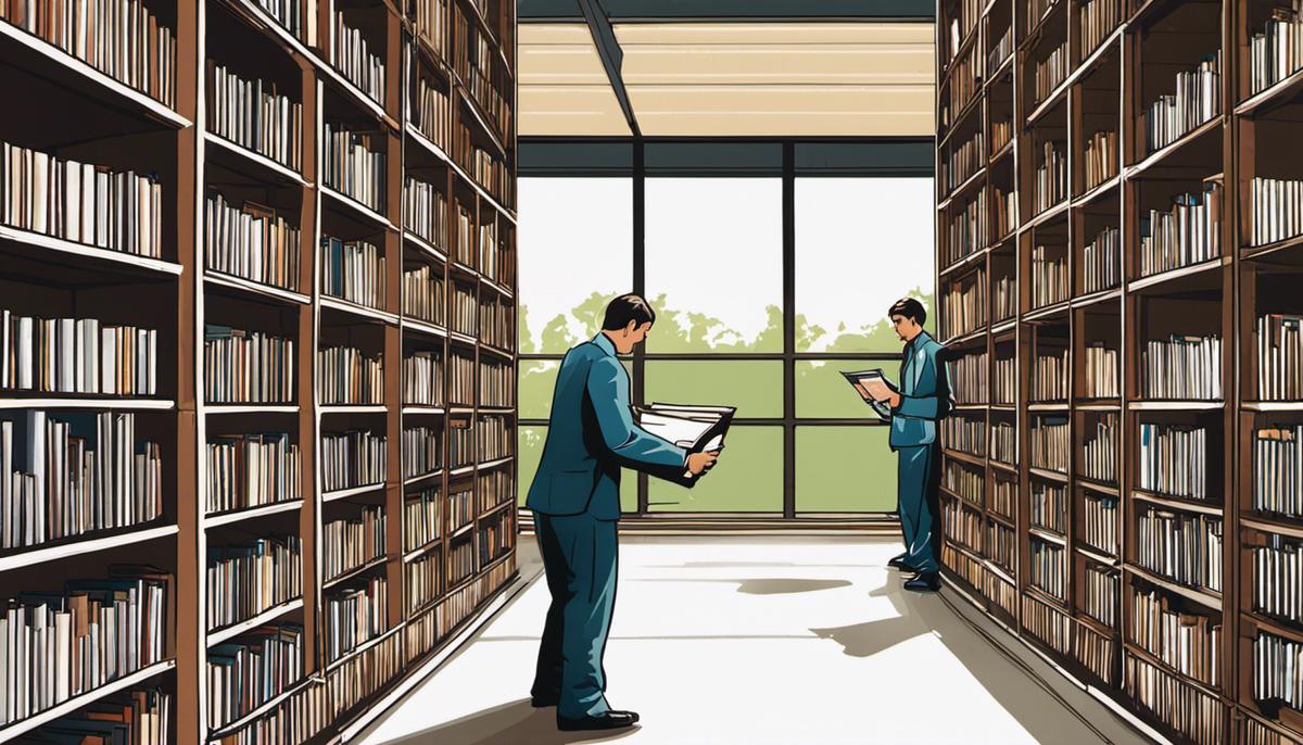 Illustration of a person organizing files in a digital library