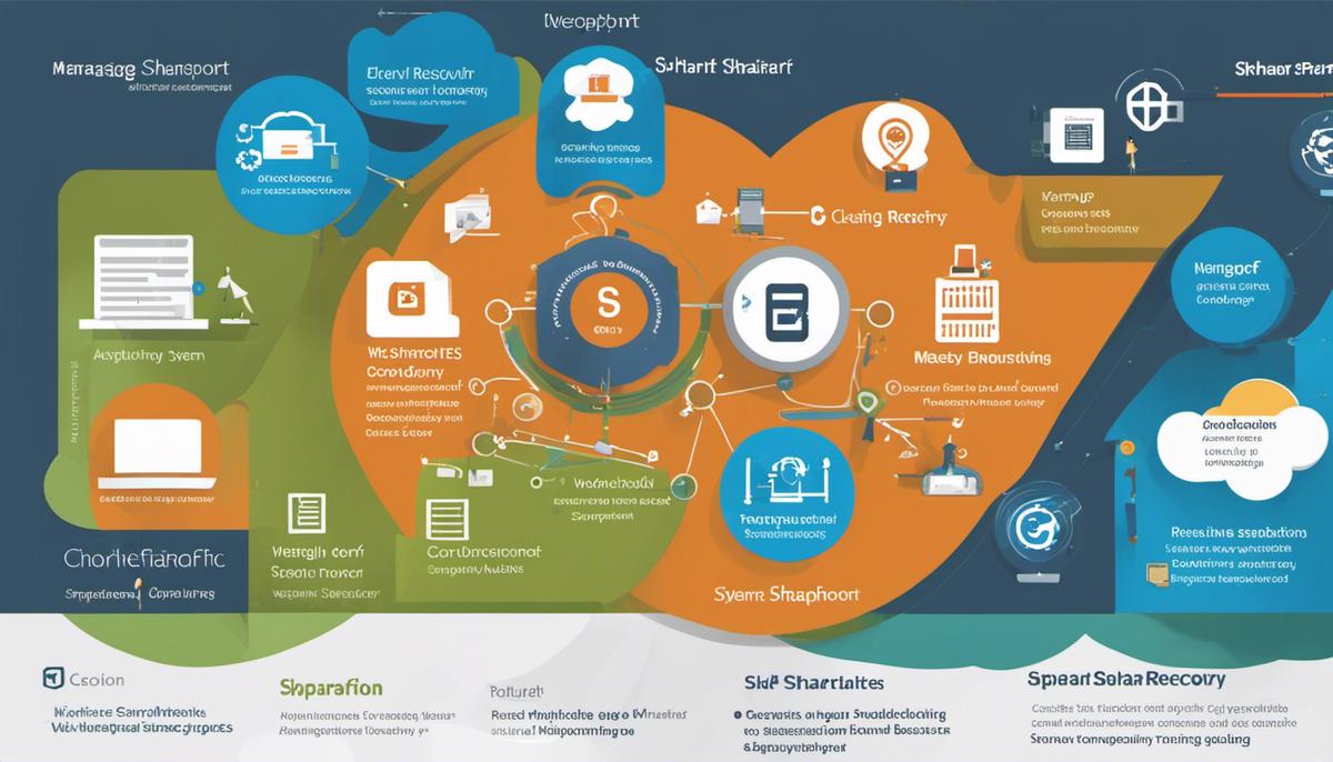 Image illustrating the best practices for managing SharePoint, including regular monitoring and auditing, efficient storage management, version control, routine backup and disaster recovery, enabling alerts, best practice security measures, continuous training, regular system updates, leveraging SharePoint Analytics, and SharePoint expansion.