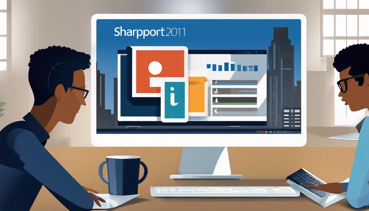 A laptop displaying the SharePoint logo with people collaborating around it.