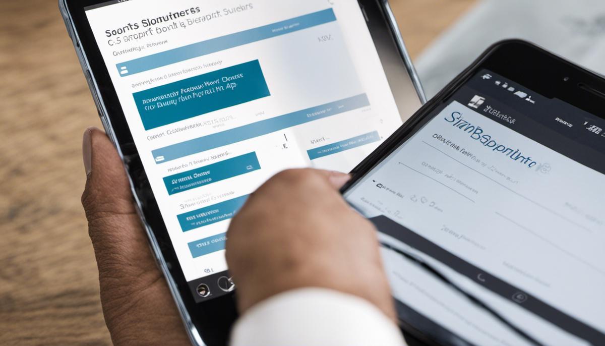 Image describing the process of finding and navigating documents in the SharePoint mobile app for visually impaired users