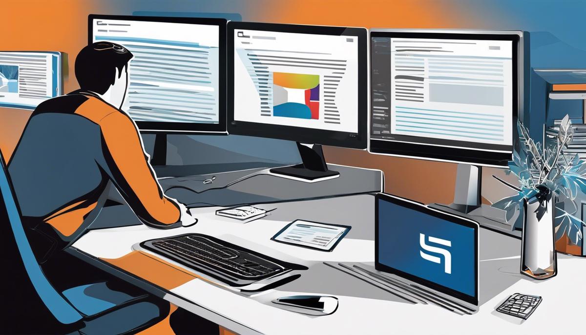 Illustration of a person searching on a computer with SharePoint logo in the background