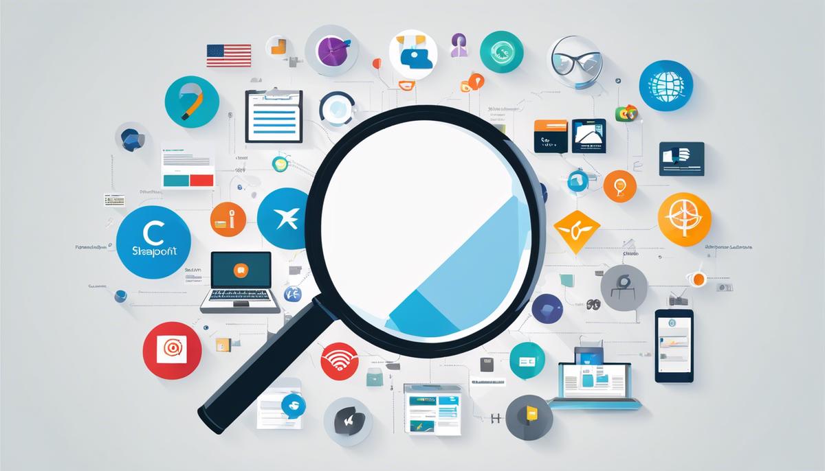 A magnifying glass symbolizing SharePoint Search, surrounded by various icons representing different platforms and sources of data, symbolizing the cross-platform search capability.