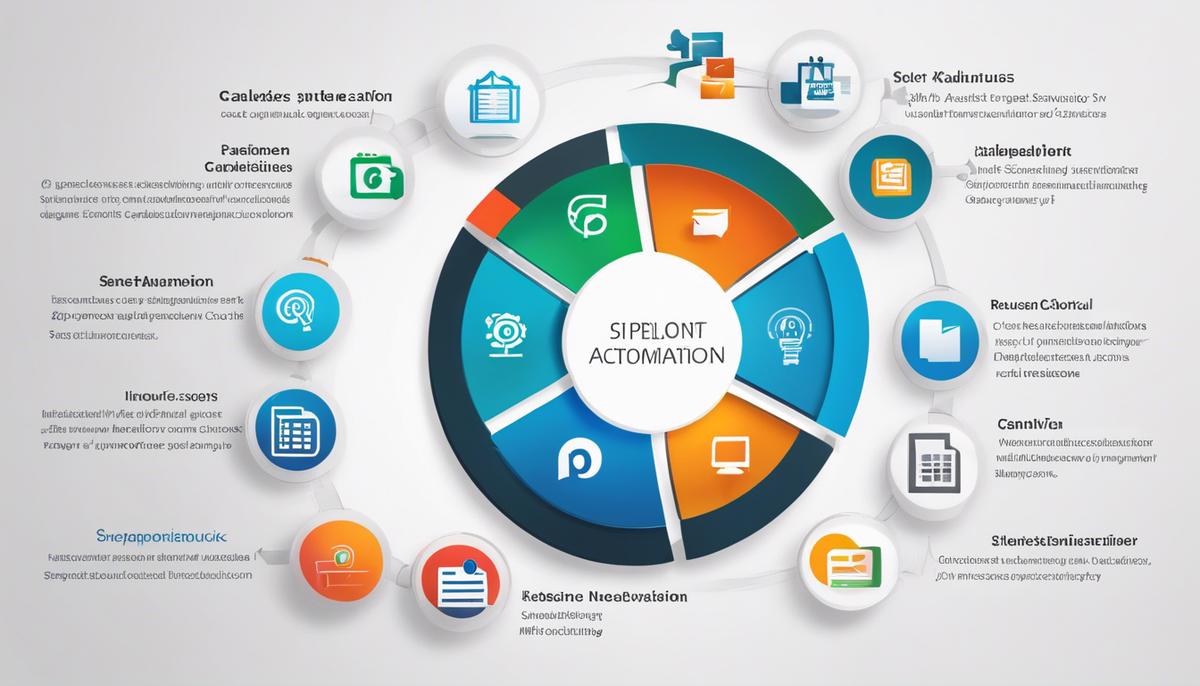 Image depicting the workflow automation capabilities of SharePoint, showcasing a simplified workflow diagram with icons representing different actions and steps.