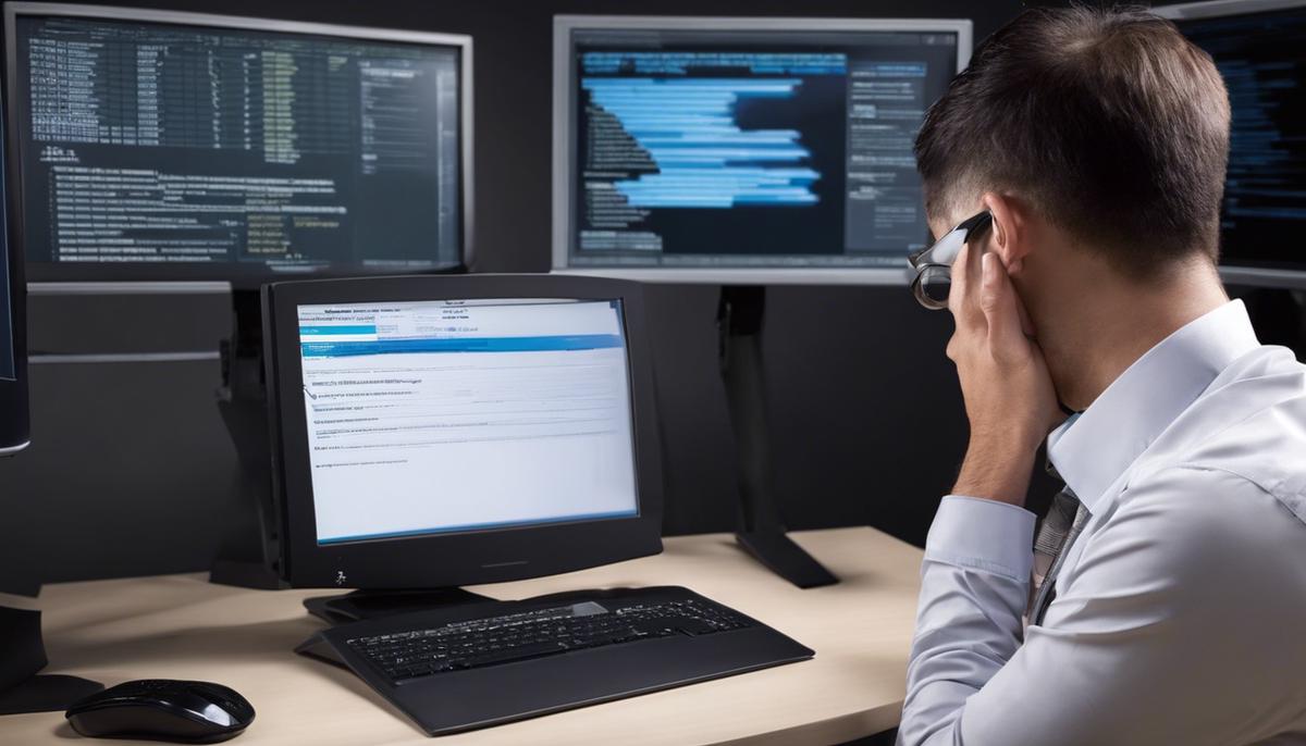 A frustrated person looking at a computer with a critical error message on the screen