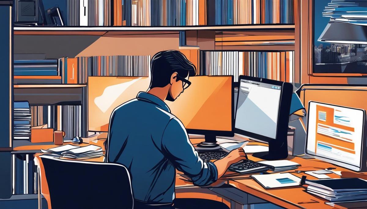 Illustration of a person organizing files on a computer for efficient remote work