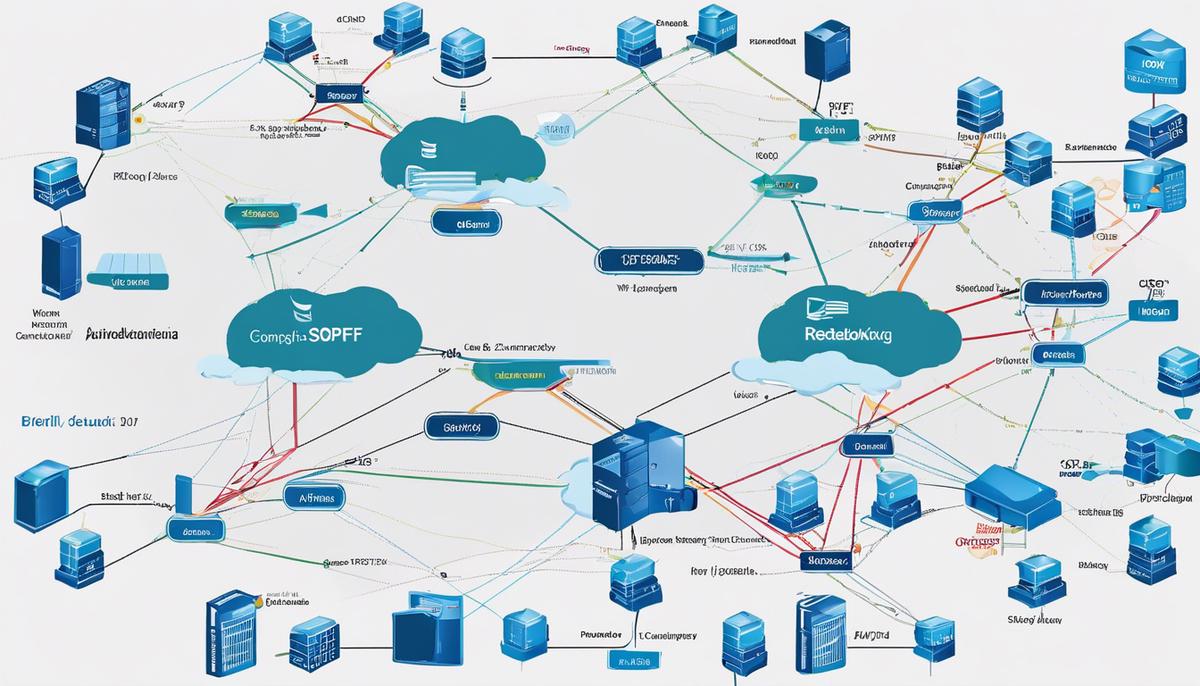 An image depicting the concept of OSPF and its role in network redundancy, showing a network topology with primary and backup routes.